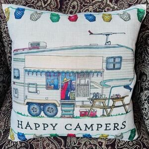 NWOT Happy Campers Linen Throw Pillow Camping RV Motorhome
